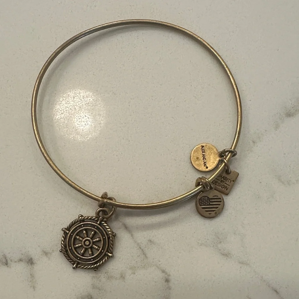 Alex and Ani Gold Nautical Wheel Charm Bangle Bracelet - Picture 1 of 4